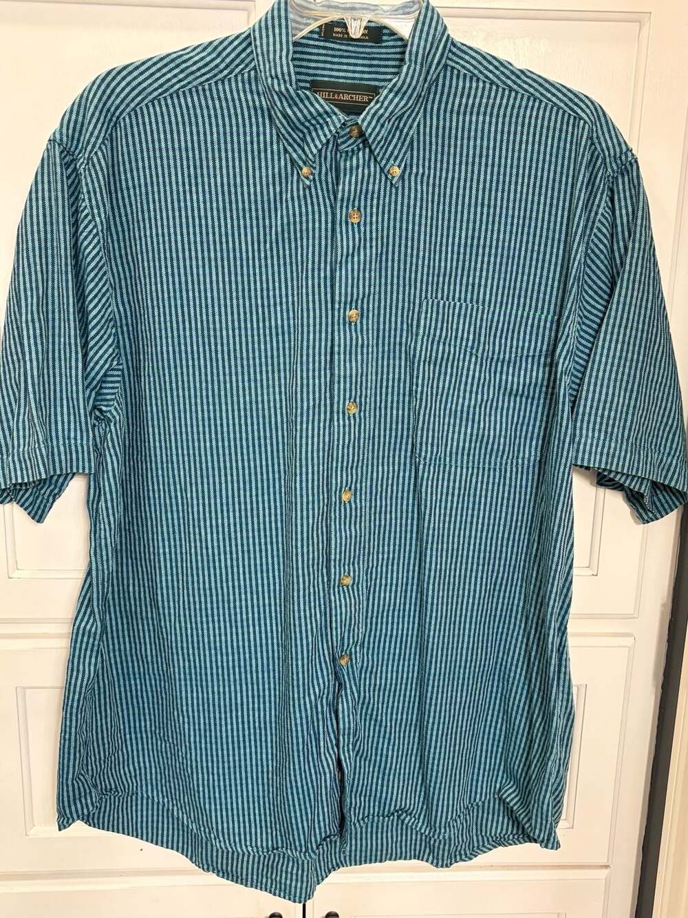 Hill & Archer Men's Short Sleeve Button Up Shirt Blue Teal Striped Cotton Large